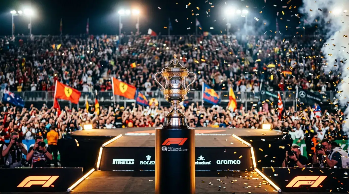 Trofeo del Campeonato Mundial de Fórmula 1 junto a una pantalla mostrando cuotas de futuros de pilotos