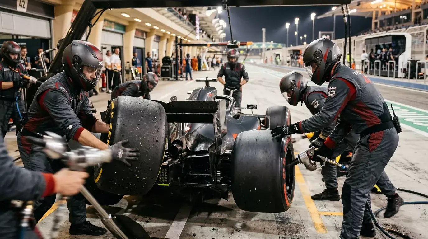 Equipo de Fórmula 1 realizando un pit stop con cambio de neumáticos durante un Gran Premio